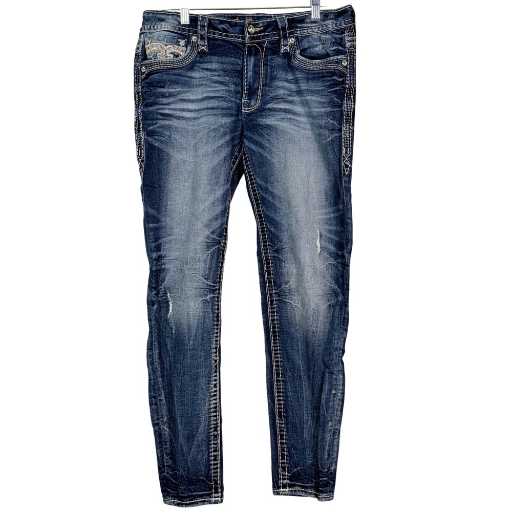 Rock Revival Blue Skinny Jeans Embroidered Flap Pocket Heavy Stitch Size 27